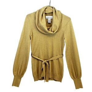 Victor Costa Cowl Neck Sweater Metallic Gold Lurex Belted Women's Size S‎ VTG